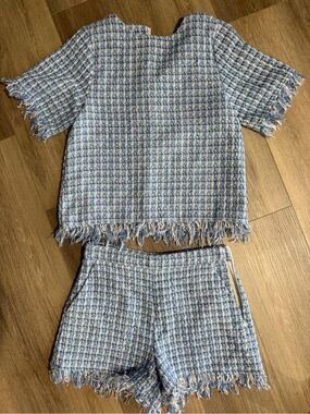 Vici Blue & White Tweed Fringe Short  Set